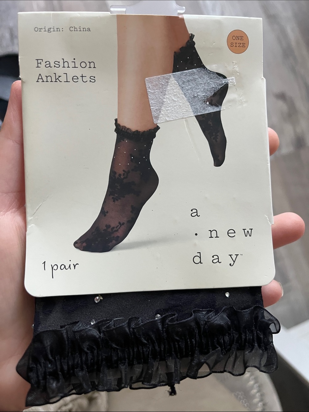 a new day Black Sheer Ruffled Anklet Socks with Rhinestones